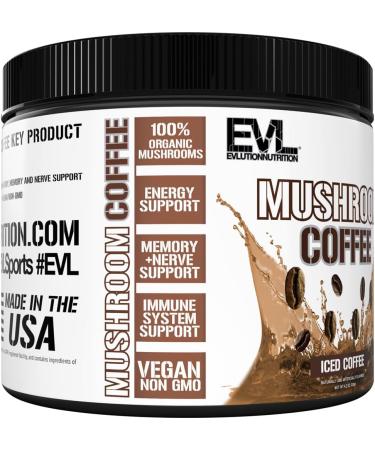 Evlution Nutrition Mushroom Coffee - Energy Nerve & Immune System Support - 100% Organic Reishi Shiitake Lions Mane & Turkey Tail Mushroom Powders - Vegan & Non-GMO - 20 Servings - Iced Coffee - Buy Online on GoSupps.com