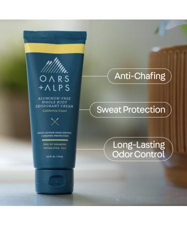 Oars + Alps Whole Body Deodorant Cream For Men - Multi-Action Odor Defense - Aluminum Free Baking Soda Free Anti-Chafe - 2.5 Ounce Tube - California Coast - Buy Online on GoSupps.com