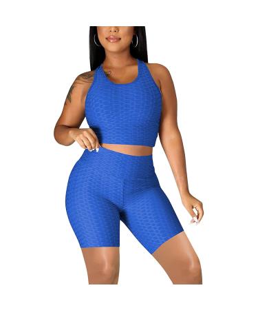 Aniywn 2 Pieces Workout Outfits for Women Slim Seamless Ribbed High Waist Exercise Sets Short Leggings with Sports Bra Z Blue X-Large