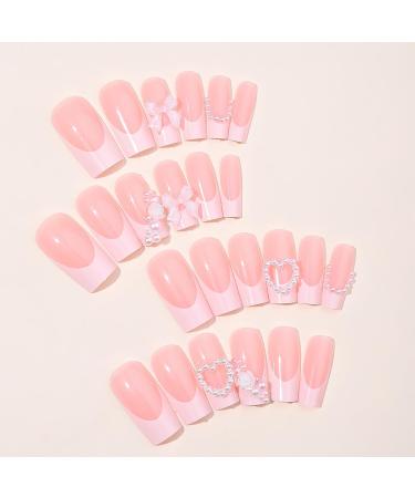 Luxury French Tip Press on Nails - Medium Square Glossy Full Cover with Pearls & 3D Bow Rose Charms - 24 Pcs for Women & Kids - Perfect Manicure Decor - Buy Online on GoSupps.com