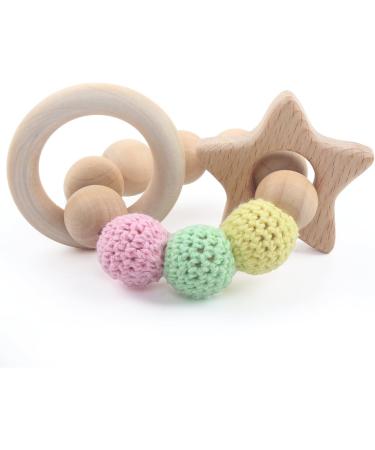 Beech Wooden Teething Toys 4 Pack - Natural Baby Chewable Wood Teethers Set for Soothing Relief - Toddler Gift Jewelry Cloud Cat Star Bird - Buy Online on GoSupps.com