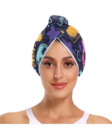 Skulls Stars Graffiti Hair Towel 2 Pack Super Absorbent Hair Drying Towel Quick Dry Hair Turbans Head Towel with Button Twisty Wrap for Women Girls