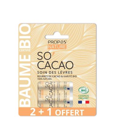 So'Cacao Bio Lipstick - LOT 2 + 1 FREE - Shea and Cocoa Butter - 100% natural - Made in France - 3x3.7G - PROPOS'NATURE