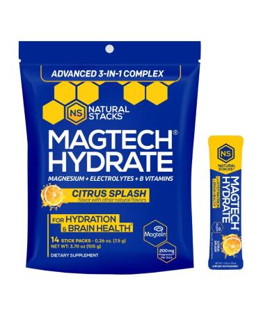 MagTech Magnesium Hydrate Packets - Sugar Free Hydration Powder - Magtein Magnesium L-Threonate Glycinate & Taurate - 200mg Chelated Triple Complex - Supports Hydration & Brain Health* - 14 Servings Hydrate (Citrus Splash)