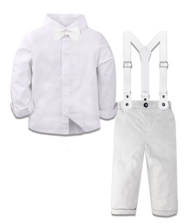 mintgreen Baby Boy Outfits Set 4pcs Infant Gentalman Wedding Suit Long Sleeves Striped Shirts + Trousers + Suspenders + Bowtie 12-18 Months White