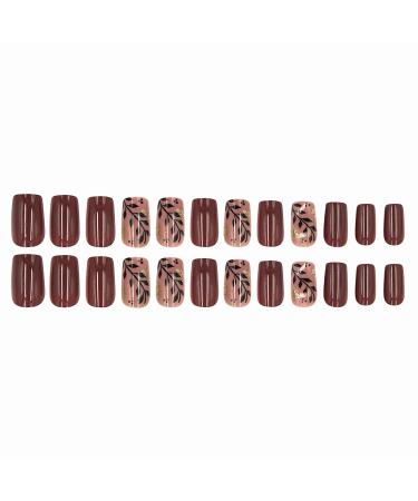 Buy MISUD Short Square Press on Nails - Glossy Brown Acrylic Fake Nails with Gold Foil Design | 24 Pcs - Perfect for Autumn & Fall Style - Buy Online on GoSupps.com