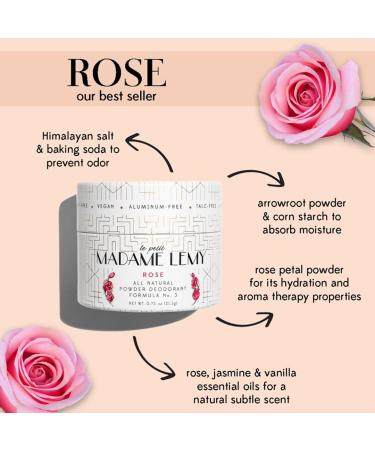 Madame Lemy Sweat Absorbing Body Powder - Talc Free All Natural Deodorant - Aluminium Free Vegan Cruelty Free - Eliminates Odor Anti Chafing Formula & Refill Solution | Rose 2.5 oz - Buy Online on GoSupps.com