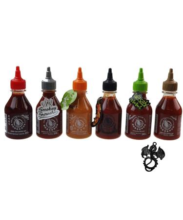 esnado Sriracha Hot Chili Set of 6 chili sauces 200ml + dragon pendant