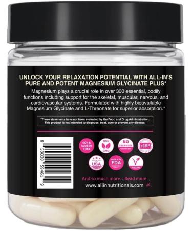All-In Nutritionals Magnesium Glycinate + Capsules: Supports Multiple Systems 1200mg 60 Count Capsules - Vegan - Added L-Threonate and L-Theanine - BIOAVAILABLE - Buy Online on GoSupps.com