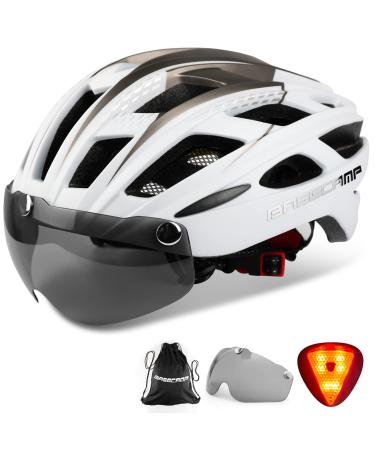 Bike Helmet Basecamp Bicycle Helmet with Rear Light & Detachable Magnetic Goggles & Portable Backpack Lightweight Cycling Helmet Adjustable for Adult Men Women Mountain & Road (BC-069) White