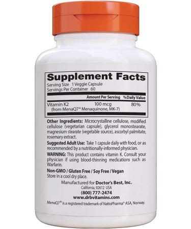 Doctor's Best Vitamin K2 MK-7 100 mcg - MenaQ7 60 Veggie Caps | Natural Bone & Heart Health - Buy Online on GoSupps.com