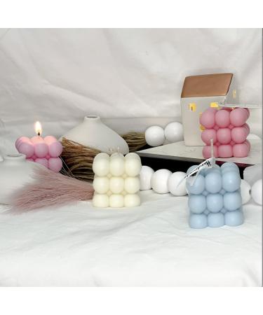 Set of 2 Small Bubble Cube Candle 100% Natural Soy Wax Coconut Soy Wax Gender Reveal Birthday Wedding.(White Beige) (Unscented)