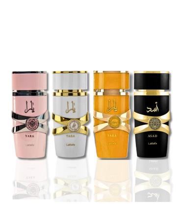 Lattafa for Unisex 4 Piece Eau de Parfum Gift Set (Yara for Women + Yara Moi for Women + Yara Tous for Women + Asad for Men) 3.4 Ounce/100 ml each 3.4 Fl Oz (Pack of 4)