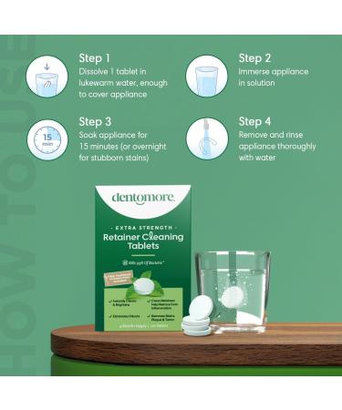 Dentomore Retainer Cleaner Tablets - 120 Tabs for Fresh & Clean Retainers, Mouth Guards, and Dentures + Bonus Toothbrush - Buy Online on GoSupps.com