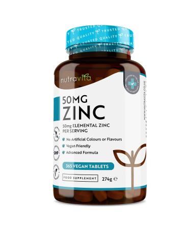 Zinc Tablets 50mg 365 Vegan Tablets for 6 Months Supply Zinc Supplement High Strength for Maintenance of Normal Immune System Bones Hair Skin & Nails Made in The UK by Nutravita - Buy Online on GoSupps.com