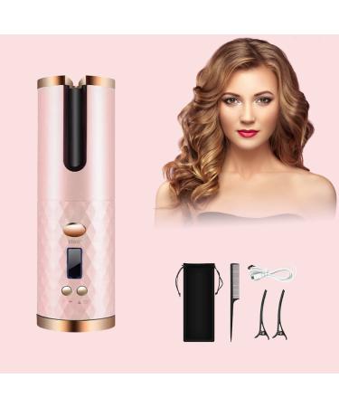 Automatic Curling Iron Cordless Auto Hair Curler Ceramic Rotating Hair Curler with 6 Temps & Timers Portable Rechargeable Curling Wand Auto Shut-Off Fast Heating Iron for Styling (Rose Gold)