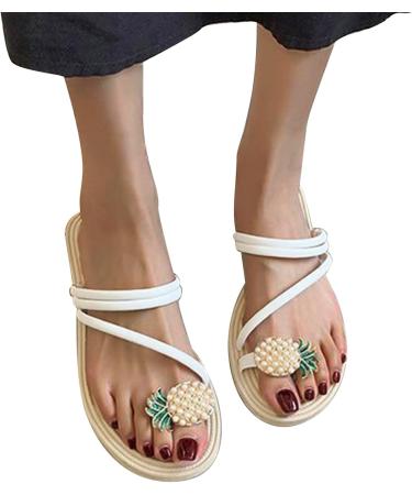 XTZYGLFD Women's Woven Slide Sandals - Comfortable Flat Pineapple Summer Fashion Sandals in White (UK 5) | International Shipping - Buy Online on GoSupps.com