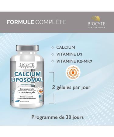 BIOCYTE Calcium Liposomal - Dietary Supplement Bone Calcemia Protection of Micro-Encapsulated Active Ingredients - Calcium Vitamin D3 Vitamin K2 -MK7-60 Capsules - 20 Day Program - Buy Online on GoSupps.com