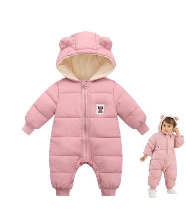 Milkiwai Baby Snowsuit Romper Cute Bear Winter Hooded Jumpsuit with Zip Boys Girls Infant Snow Wear Thick Outfits 90 Pink