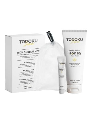 TODOKU JAPAN Deep Moist Honey Face Wash - 110g + 10g Travel Size & Rich Bubble Face Wash Whip Maker Soap Net (1 Black)