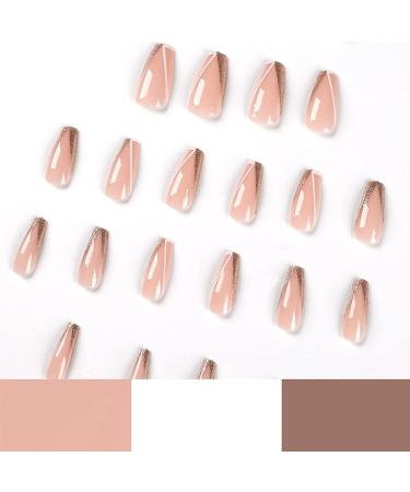 FOAMEE Medium Nude Coffin Fake Nails with Sequins Designs - Acrylic Glossy False Nails for Women - Buy Online on GoSupps.com