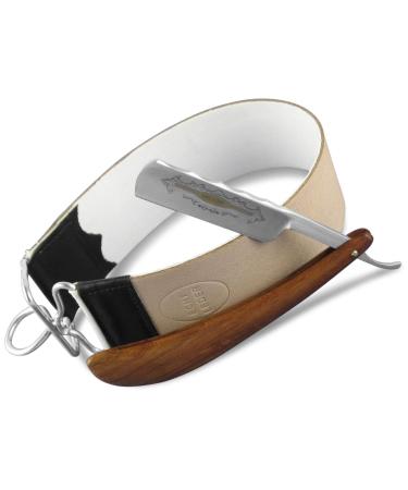Razor wooden handle with gold etching with professional leather linen strop in set offer