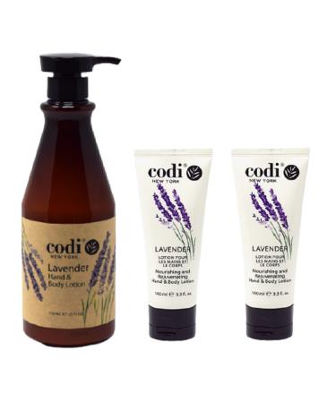CODi Lavender Lotion - Lavender Body and Hand Lotion for Women and Men - Lavender Body Lotion with True English Lavender Scent - Less Greasy and Quick Absorbent - 1 750ml Bottle and 2 100ml Tubes