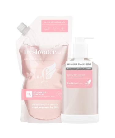 Soothing Castile Hand Wash Liquid Hand Soap Bathroom Hand Soap with Hand Soap Pump - Rosewater + Pink Clay - Refillable Glass Bottle 16.9 FL oz & Refill 33.8 FL oz