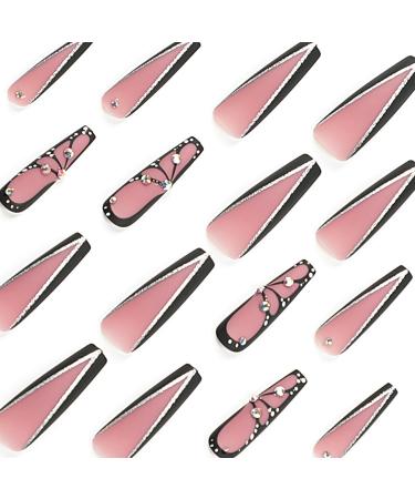Buy Long Coffin Black Glossy Press on Nails - Rhinestone Butterfly Designs | Extra Long Square Acrylic False Nails for Women - Buy Online on GoSupps.com