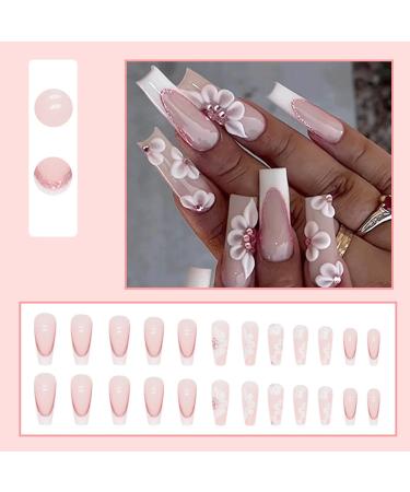 French Long Coffin False Nails - 24Pcs Pink with Flower Glitter | Press On Nails for Women | Glue-On Ballerina Nail Tips - Buy Online on GoSupps.com