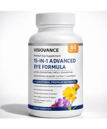 VISIOVANCE 15 in 1 Advanced Eye Formula - Carotenoids Lutein Zeaxanthin & Antioxidant Blend Daily Visual Support Formula for Screen Use & Overall Eye Wellness 60 Capsules