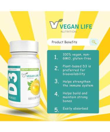 Vegan Life Nutrition Vitamin D3 Capsules for Adults (1000 IU) - Gluten-Free & Non-GMO - 60 Capsules | Supports Bone Health & Immune System - Buy Online on GoSupps.com