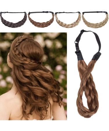 Silk-co women hair band 5 strands light brown artificial hair braided headband elastic hair band for women and girls wedding vintage with hair tie hair part braids extensions 3.8cm wide large light brown