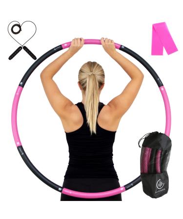 Fiteroc Weighted Fitness Hula Hoop Adult Beginner - Weighted Hula Hoop for Adults - Detachable and Portable - Exercise Holahoop with Jump Rope, Resistance Band and Carry Bag Black/Pink
