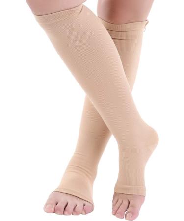 Compression Socks for Sports | Open Toe Calf Knee Support - Boost Blood Circulation Reduce Swelling Perfect for Tired Legs (Nude S-M) - Buy Online on GoSupps.com