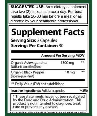 Hybrid Nutraceuticals Organic Ashwagandha Root Powder Capsules 1300mg with Black Pepper Extract - Stress and Immune Support - 60 Capsules - Buy Online on GoSupps.com