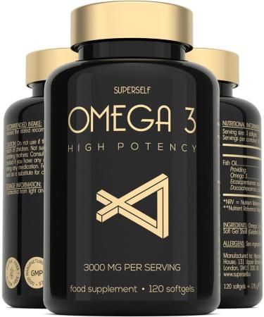 Fish Oil Omega 3 Capsules High Strength - 3000mg Triple Potency - Easy to Swallow with No Fishy Aftertaste - 120 Softgels - UK Made Omega 3 Supplements High in DHA & EPA - Pure & Sustainable Fish Oil - Buy Online on GoSupps.com