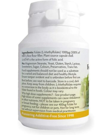 Folate (L-Methylfolate) 1000 g x 90 Capsules 5-MTHF Active Form of Folic Acid/Vitamin B9 Please See Our 400mcg Version for Pregnancy Magnesium Stearate Free Made in Wales - Buy Online on GoSupps.com