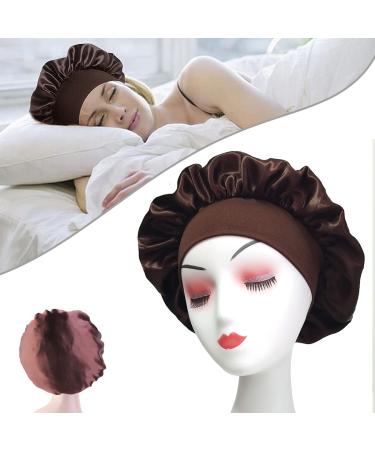 Hair Bonnet for Sleeping Wide Band Satin Bonnet Night Sleep Cap Silk Bonnet for Women Girls Hair Care Sleeping Head Cover Elastic Hat Hair Bonnet for Black Hair Curly Hair (1pcs Brown)