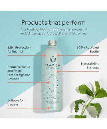 Waken Peppermint Mouthwash - 100% Natural, Alcohol-Free with Fluoride, Vegan & Sustainable, 500ml - Buy Online on GoSupps.com