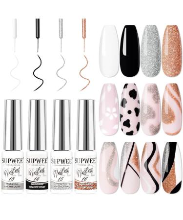 SUPWEE White Black Gel Liner Polish Nail Art Gel Liner Set Silver Champagne Reflective Liner Gel Polish Nail Painting for DIY Drawing Nail Gel Art Design Soak Off UV Gel 4 Colors 7ML(0.24fl oz) SZHXJ127