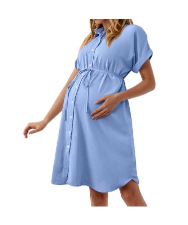 Robe de grossesse manches courtes pour femme - Taille haute - Robe d'allaitement avec volants - Robe festive boutons - Robe d contract e respirante - Robe de maternit l g re S Bleu