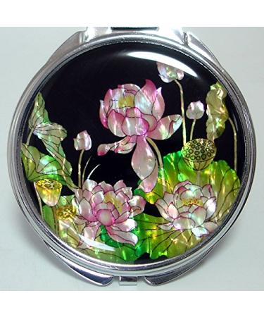 Mother of Pearl Pink Lotus Flower Double Magnifying Compact Hand Mirror - Buy Online on GoSupps.com