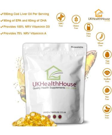 High Strength Cod Liver Oil Softgels 550mg (60 Capsules) with Vitamin A & D, EPA, DHA - 60 Count Pack - Buy Online on GoSupps.com