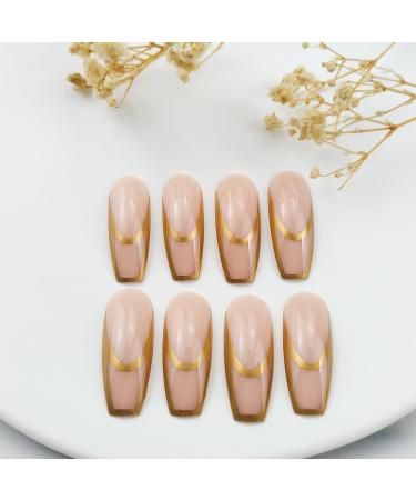 Gold Foil Stripes Coffin Fake Nails - 24pcs Long French False Nails for Manicure Decoration - Buy Online on GoSupps.com