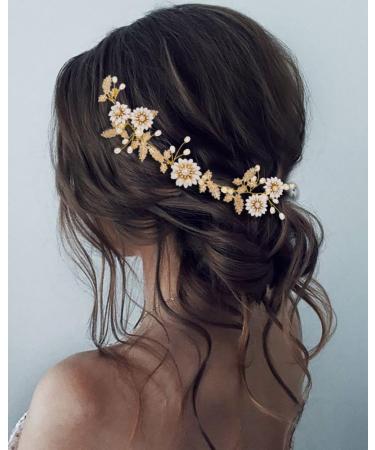 Edary Bride Wedding Hair Vine Gold Flower Hair Accessories Bridal Pearl Headband Crysal Leaf Headpiece for Women and Girls