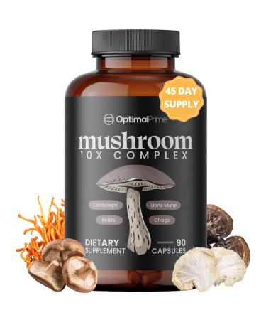 Optimal Prime 10x Mushroom Complex Supplement - Lions Mane Cordyceps Turkey Tail for Immunity Energy Mood Focus - Natural Health Booster 90 Caps