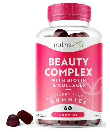 Beauty Complex Gummies for Hair Skin & Nails - Biotin & Collagen - 60 Raspberry Flavour Gummies - Biotin Hair Growth - Added Zinc Selenium Copper & More - Made in The EU by Nutravita