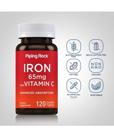 Piping Rock Iron Supplement 65 mg with Vitamin C | 120 Tablets | Advanced Absorption | Vegetarian Non-GMO and Gluten Free - Buy Online on GoSupps.com