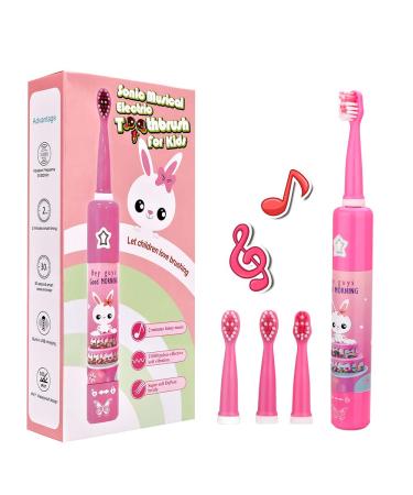 Musical Electric Toothbrushes for Kids Children, 3 Modes 2 Min Timer, Waterproof 31000 Strokes, 4 Bristles OJV 8620 Rechargeable Power Smart Sonic Music Play Song for Girls Oral-Care Age 3-14 (Pink)